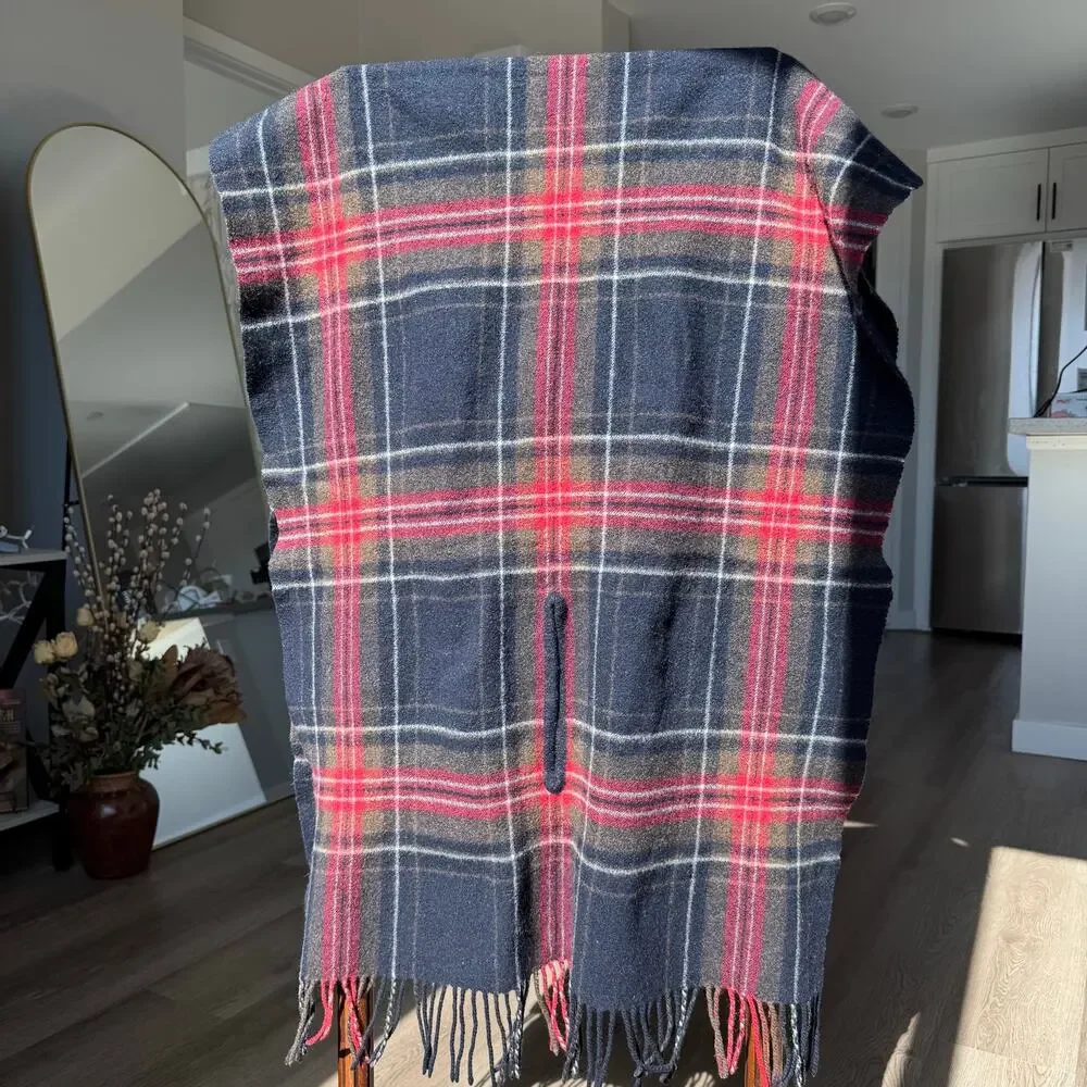 MUJI 100% Wool Plaid Poncho Cape Shawl Wrap Scarf Navy Red Tartan Fringe 75x210